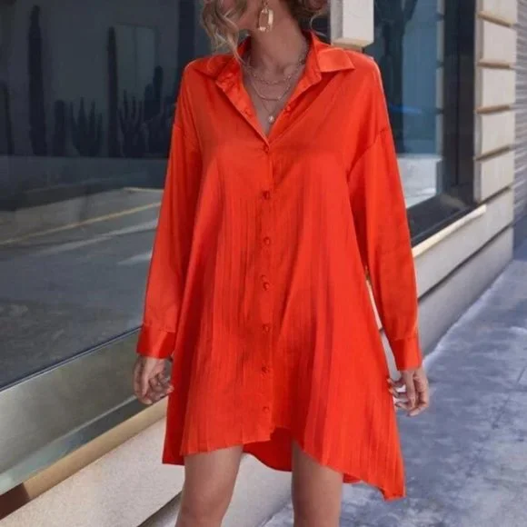 orange Satin Relaxed fit long sleeve button front Dress - Picture 4 of 6